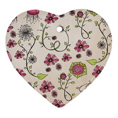 Pink Whimsical Flowers On Beige Heart Ornament (two Sides) by Zandiepants