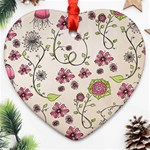 Pink Whimsical flowers on beige Heart Ornament (Two Sides) Front