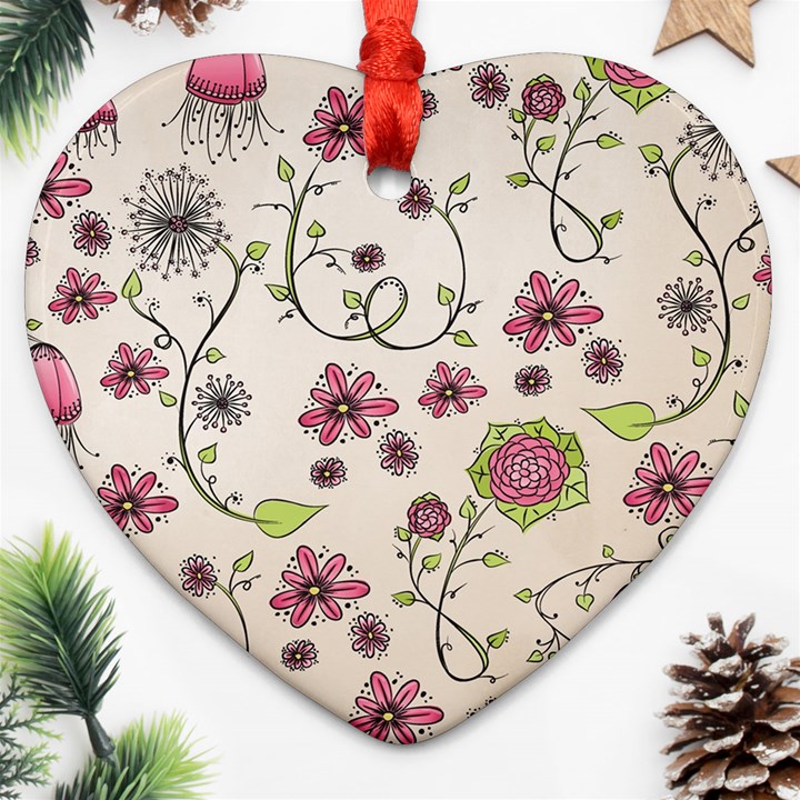 Pink Whimsical flowers on beige Heart Ornament (Two Sides)