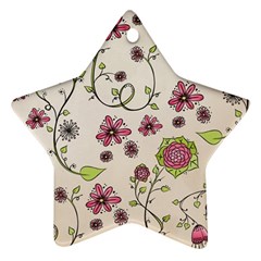 Pink Whimsical Flowers On Beige Star Ornament (two Sides) by Zandiepants