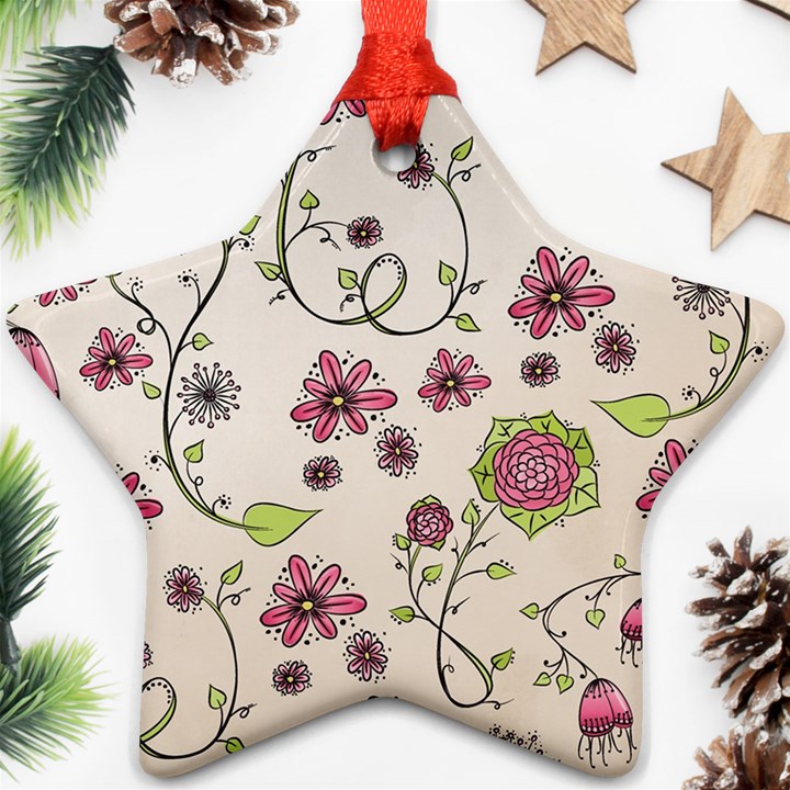 Pink Whimsical flowers on beige Star Ornament (Two Sides)