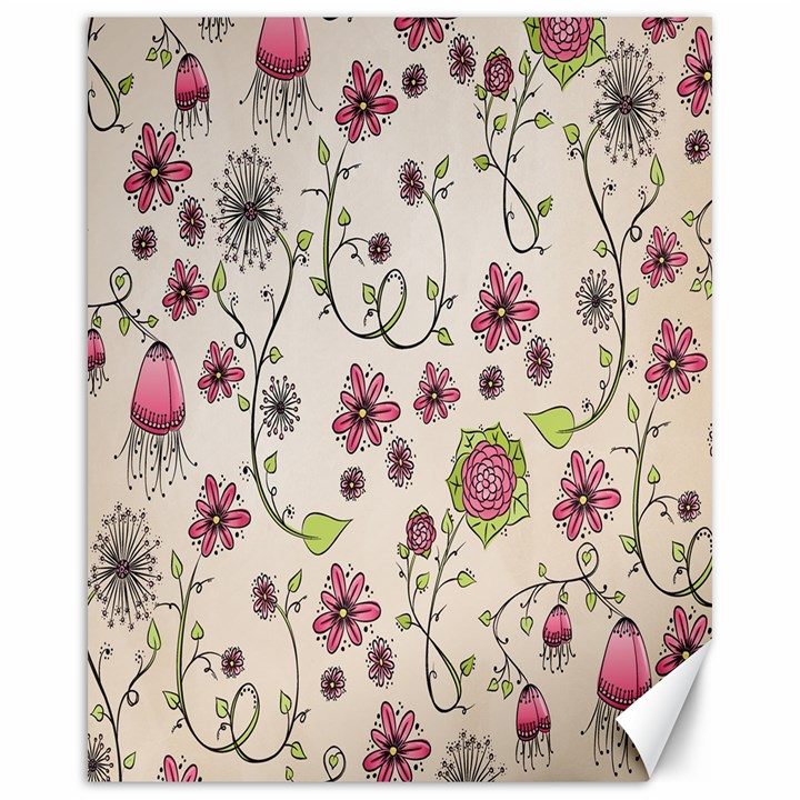 Pink Whimsical flowers on beige Canvas 16  x 20  (Unframed)