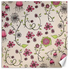 Pink Whimsical Flowers On Beige Canvas 20  X 20  (unframed) by Zandiepants