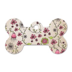 Pink Whimsical Flowers On Beige Dog Tag Bone (two Sided)