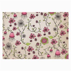 Pink Whimsical Flowers On Beige Glasses Cloth (large) by Zandiepants