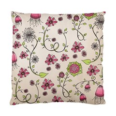 Pink Whimsical Flowers On Beige Cushion Case (single Sided)  by Zandiepants