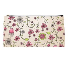 Pink Whimsical Flowers On Beige Pencil Case by Zandiepants