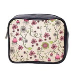 Pink Whimsical flowers on beige Mini Travel Toiletry Bag (Two Sides) Front