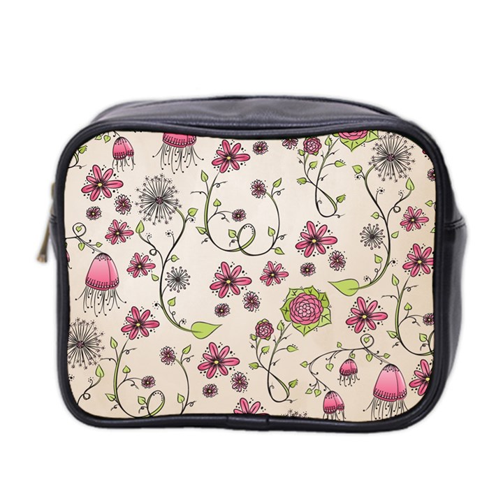 Pink Whimsical flowers on beige Mini Travel Toiletry Bag (Two Sides)