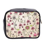 Pink Whimsical flowers on beige Mini Travel Toiletry Bag (Two Sides) Back