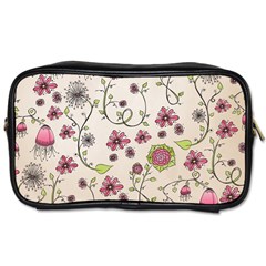 Pink Whimsical Flowers On Beige Travel Toiletry Bag (one Side) by Zandiepants