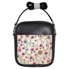 Pink Whimsical Flowers On Beige Girl s Sling Bag