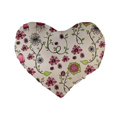 Pink Whimsical Flowers On Beige 16  Premium Heart Shape Cushion  by Zandiepants