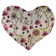 Pink Whimsical Flowers On Beige 19  Premium Heart Shape Cushion by Zandiepants