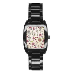 Pink Whimsical Flowers On Beige Stainless Steel Barrel Watch by Zandiepants