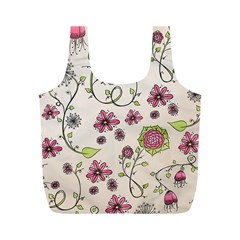 Pink Whimsical Flowers On Beige Reusable Bag (m) by Zandiepants