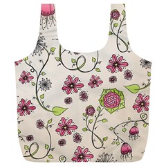 Pink Whimsical Flowers On Beige Reusable Bag (xl) by Zandiepants