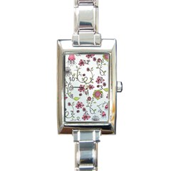 Pink Whimsical Flowers On Blue Rectangular Italian Charm Watch by Zandiepants