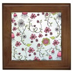 Pink whimsical flowers on blue Framed Ceramic Tile Front