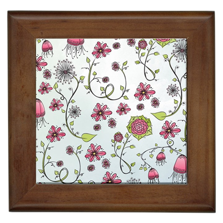 Pink whimsical flowers on blue Framed Ceramic Tile