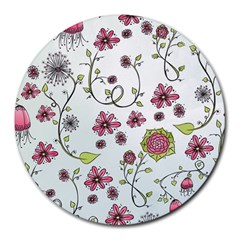 Pink Whimsical Flowers On Blue 8  Mouse Pad (round) by Zandiepants