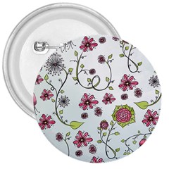 Pink Whimsical Flowers On Blue 3  Button