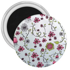 Pink Whimsical Flowers On Blue 3  Button Magnet by Zandiepants