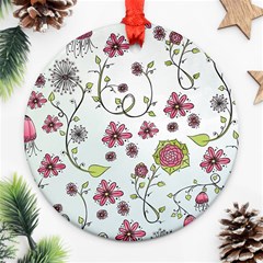 Pink Whimsical Flowers On Blue Round Ornament by Zandiepants