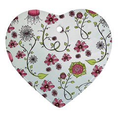 Pink Whimsical Flowers On Blue Heart Ornament by Zandiepants