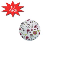 Pink Whimsical Flowers On Blue 1  Mini Button (10 Pack) by Zandiepants