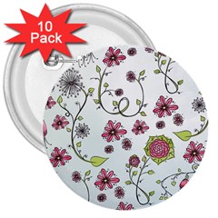 Pink Whimsical Flowers On Blue 3  Button (10 Pack) by Zandiepants