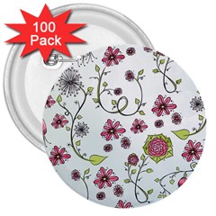 Pink Whimsical Flowers On Blue 3  Button (100 Pack) by Zandiepants