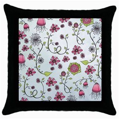 Pink Whimsical Flowers On Blue Black Throw Pillow Case by Zandiepants