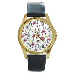 Pink Whimsical Flowers On Blue Round Leather Watch (gold Rim)  by Zandiepants