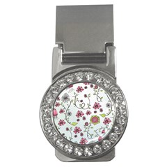 Pink Whimsical Flowers On Blue Money Clip (cz) by Zandiepants