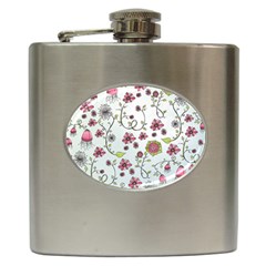 Pink Whimsical Flowers On Blue Hip Flask by Zandiepants