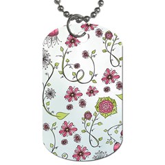 Pink Whimsical Flowers On Blue Dog Tag (two-sided)  by Zandiepants