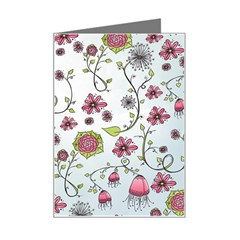 Pink Whimsical Flowers On Blue Mini Greeting Card by Zandiepants