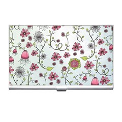 Pink Whimsical Flowers On Blue Business Card Holder by Zandiepants