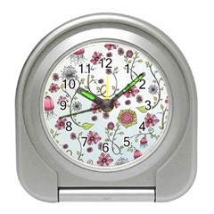 Pink Whimsical Flowers On Blue Desk Alarm Clock by Zandiepants