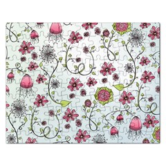 Pink Whimsical Flowers On Blue Jigsaw Puzzle (rectangle)