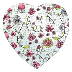 Pink Whimsical Flowers On Blue Jigsaw Puzzle (heart) by Zandiepants