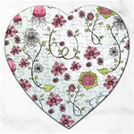 Pink whimsical flowers on blue Jigsaw Puzzle (Heart) Front