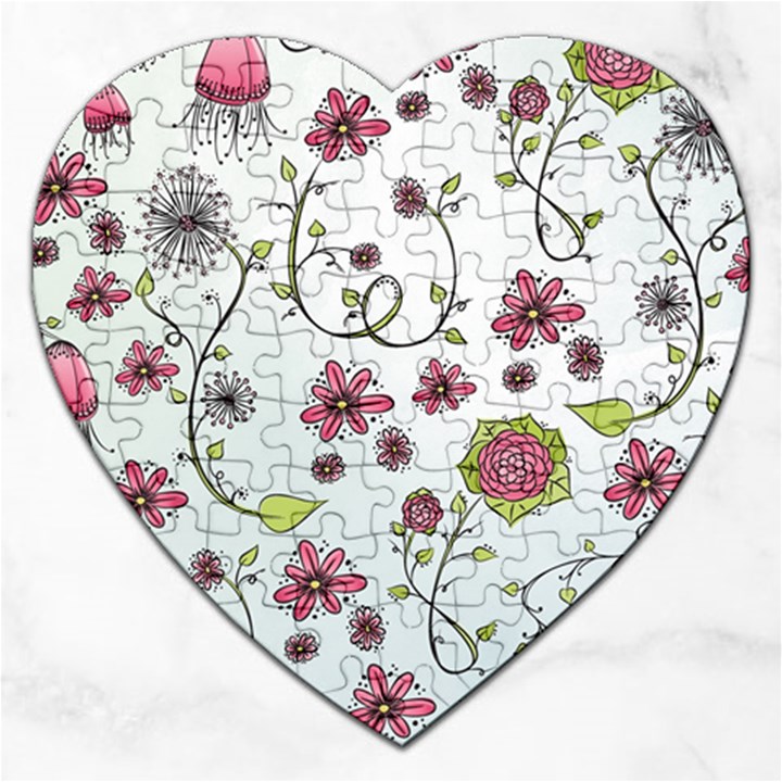 Pink whimsical flowers on blue Jigsaw Puzzle (Heart)