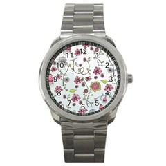 Pink Whimsical Flowers On Blue Sport Metal Watch by Zandiepants