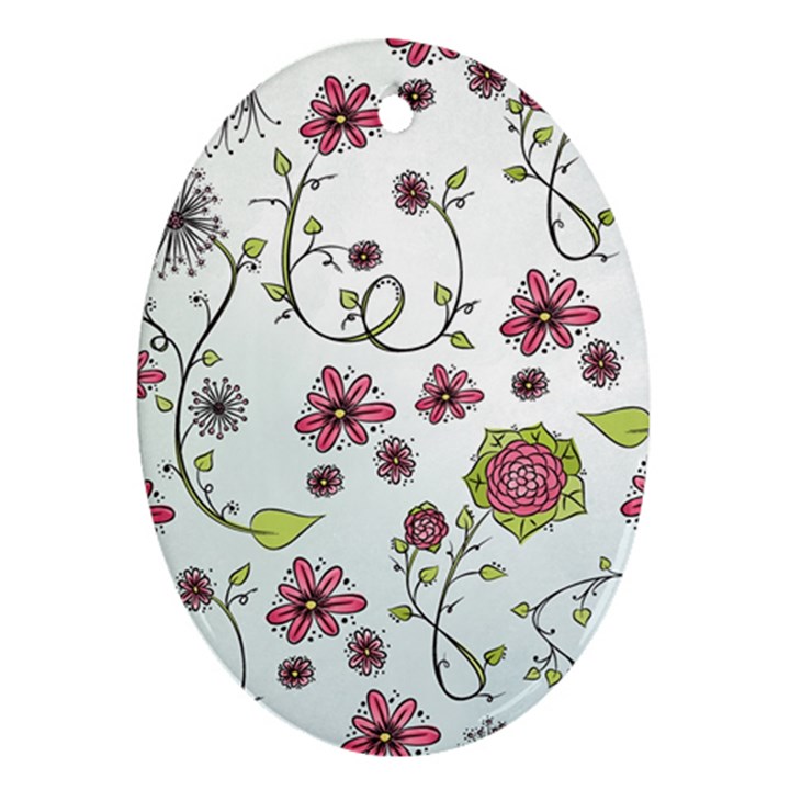 Pink whimsical flowers on blue Oval Ornament (Two Sides)