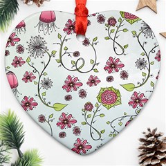 Pink Whimsical Flowers On Blue Heart Ornament (two Sides) by Zandiepants