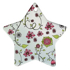 Pink Whimsical Flowers On Blue Star Ornament (two Sides) by Zandiepants