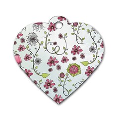 Pink Whimsical Flowers On Blue Dog Tag Heart (two Sided) by Zandiepants