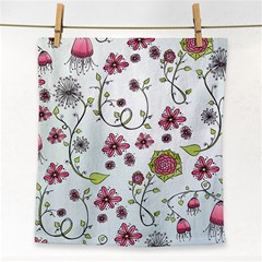 Pink Whimsical Flowers On Blue Face Towel by Zandiepants